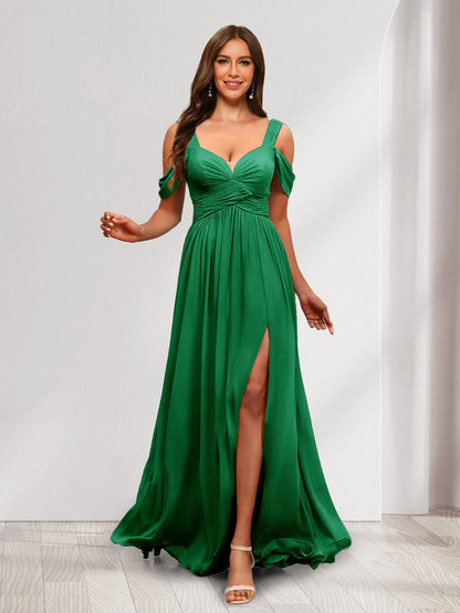 A-Line Cold Shoulder Split Side Ruched Floor-Length Chiffon Bridesmaid Dresses