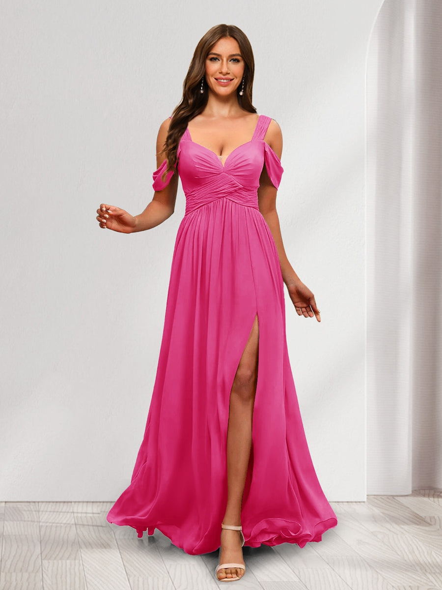 A-Line Cold Shoulder Split Side Ruched Floor-Length Chiffon Bridesmaid Dresses