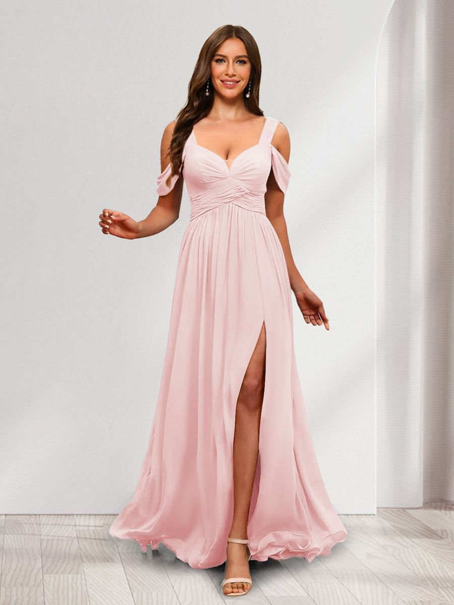 A-Line Cold Shoulder Split Side Ruched Floor-Length Chiffon Bridesmaid Dresses