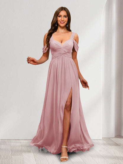 A-Line Cold Shoulder Split Side Ruched Floor-Length Chiffon Bridesmaid Dresses