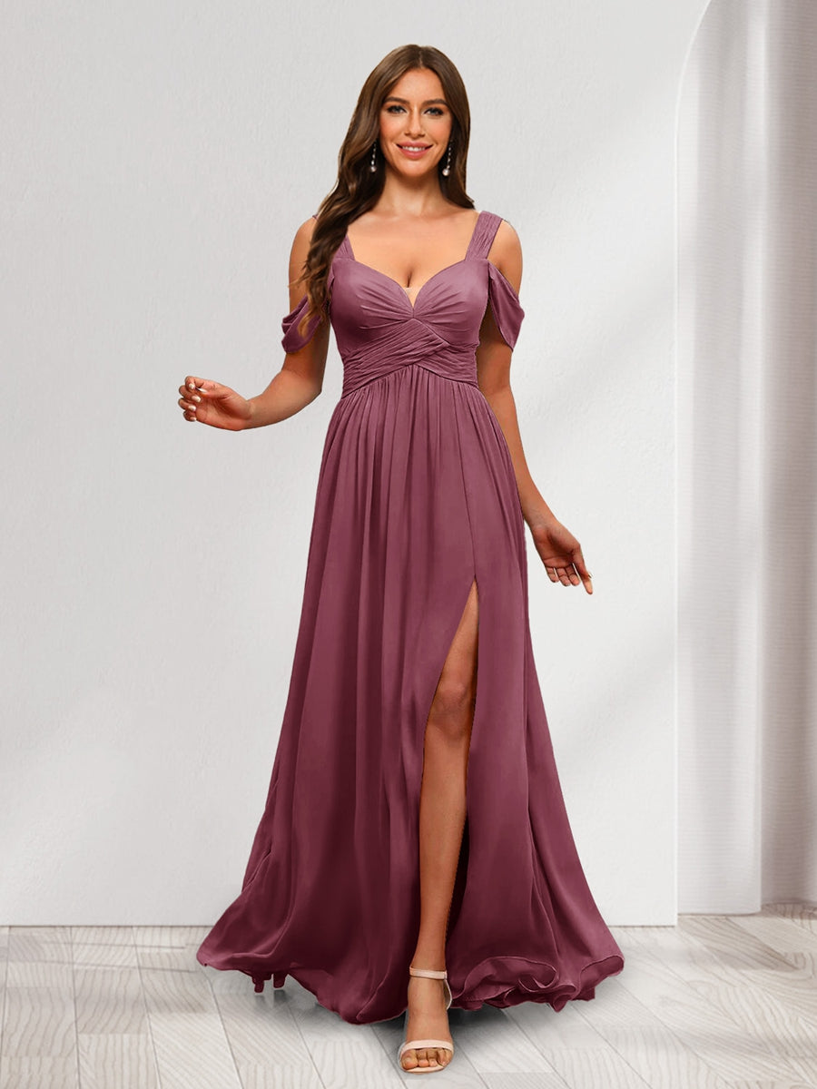 A-Line Cold Shoulder Split Side Ruched Floor-Length Chiffon Bridesmaid Dresses