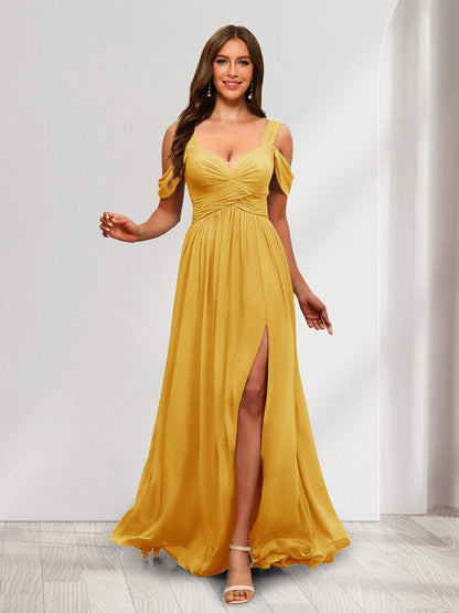 A-Line Cold Shoulder Split Side Ruched Floor-Length Chiffon Bridesmaid Dresses