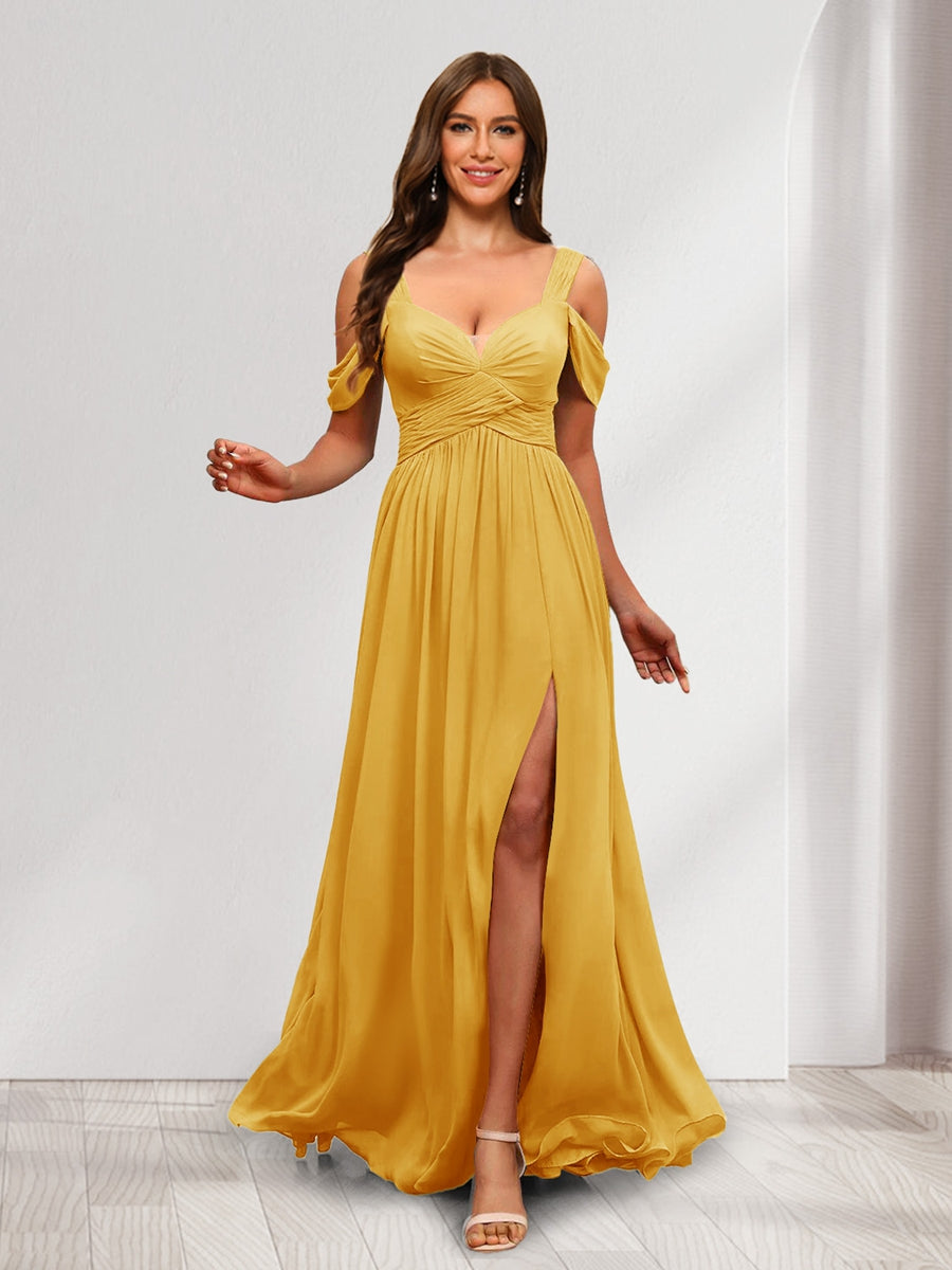 A-Line Cold Shoulder Split Side Ruched Floor-Length Chiffon Bridesmaid Dresses