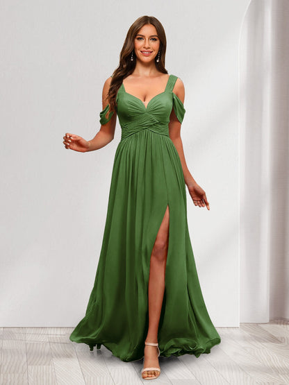 A-Line Cold Shoulder Split Side Ruched Floor-Length Chiffon Bridesmaid Dresses