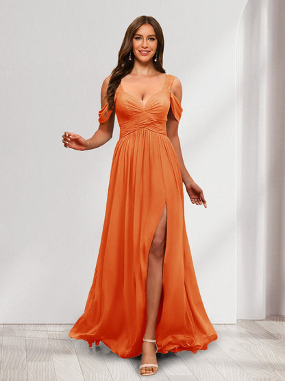 A-Line Cold Shoulder Split Side Ruched Floor-Length Chiffon Bridesmaid Dresses