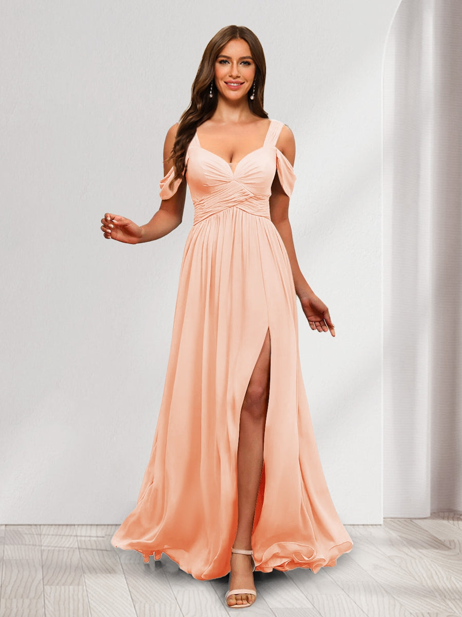 A-Line Cold Shoulder Split Side Ruched Floor-Length Chiffon Bridesmaid Dresses