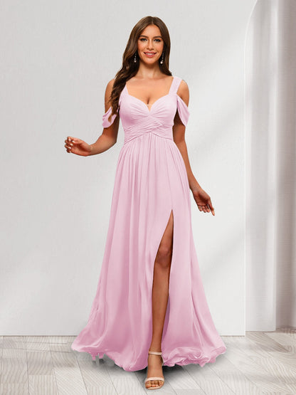 A-Line Cold Shoulder Split Side Ruched Floor-Length Chiffon Bridesmaid Dresses