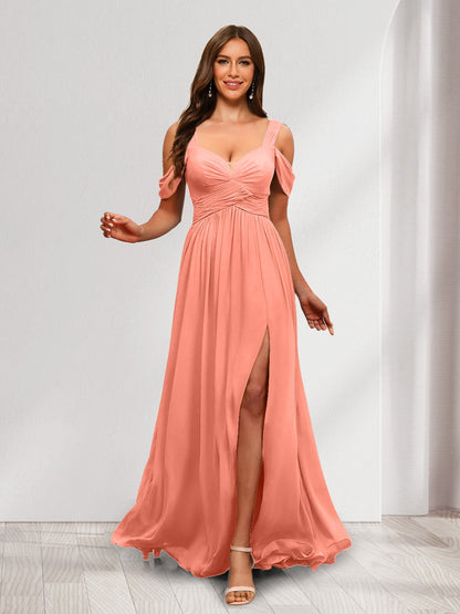 A-Line Cold Shoulder Split Side Ruched Floor-Length Chiffon Bridesmaid Dresses