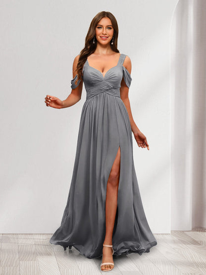 A-Line Cold Shoulder Split Side Ruched Floor-Length Chiffon Bridesmaid Dresses