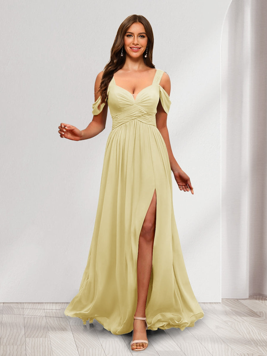 A-Line Cold Shoulder Split Side Ruched Floor-Length Chiffon Bridesmaid Dresses