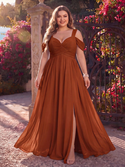 A-Line/Princess Cold Shoulder Sleeveless Chiffon Floor-Length Plus Size Bridesmaid Dresses with Split Side & Ruched