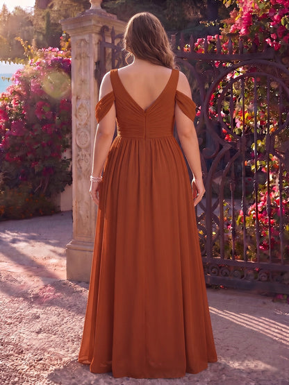 A-Line/Princess Cold Shoulder Sleeveless Chiffon Floor-Length Plus Size Bridesmaid Dresses with Split Side & Ruched