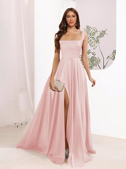 A-Line Square Neck Split Side Floor Length Bridesmaid Dresses