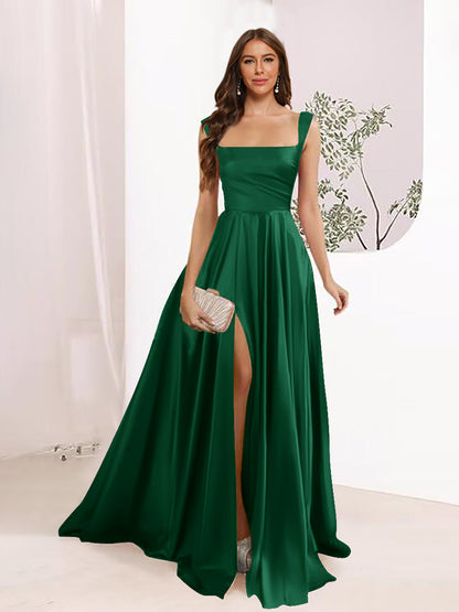 A-Line Square Neck Split Side Floor Length Bridesmaid Dresses