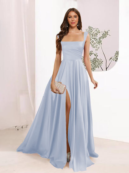 A-Line Square Neck Split Side Floor Length Bridesmaid Dresses