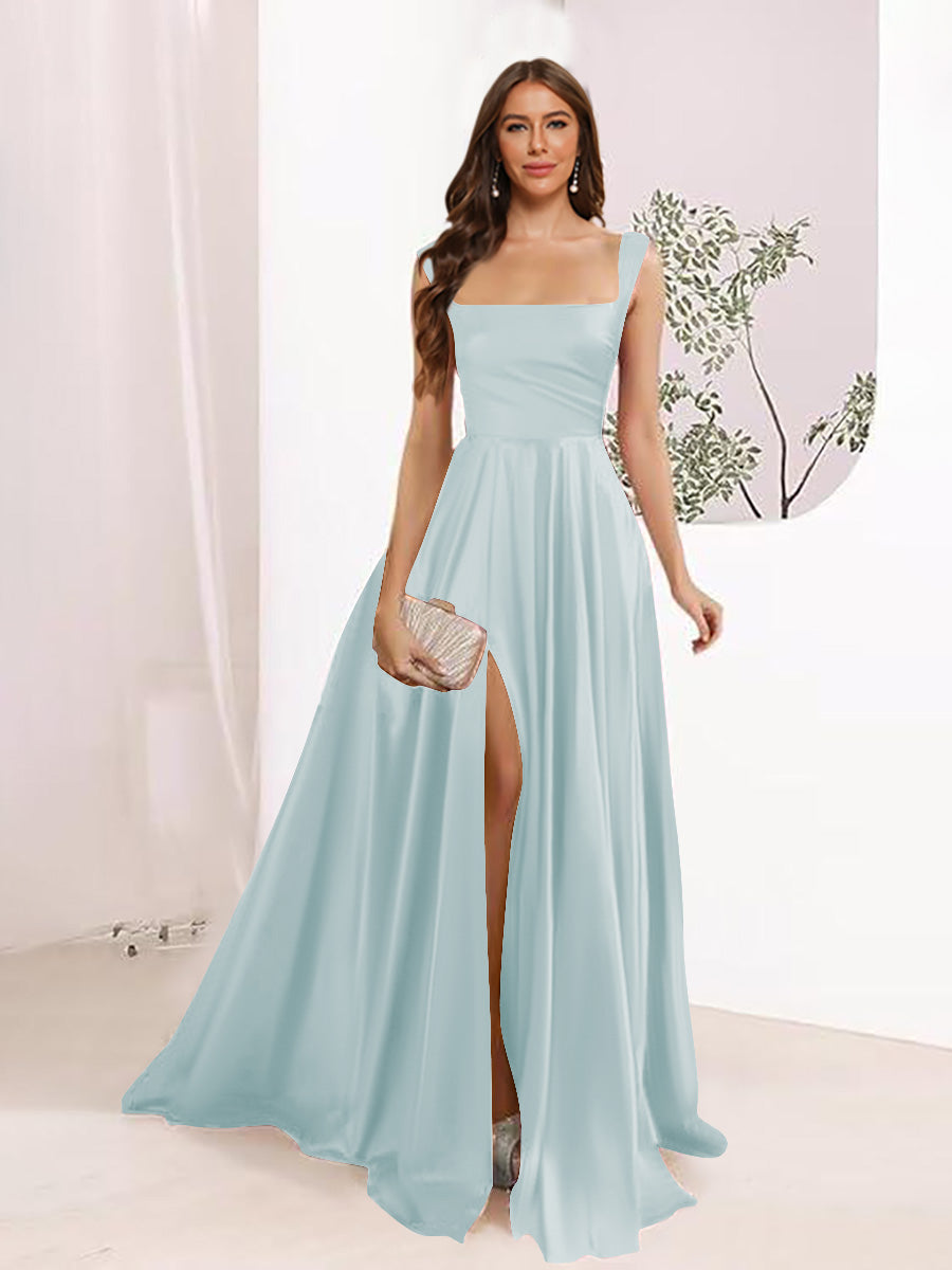 A-Line Square Neck Split Side Floor Length Bridesmaid Dresses