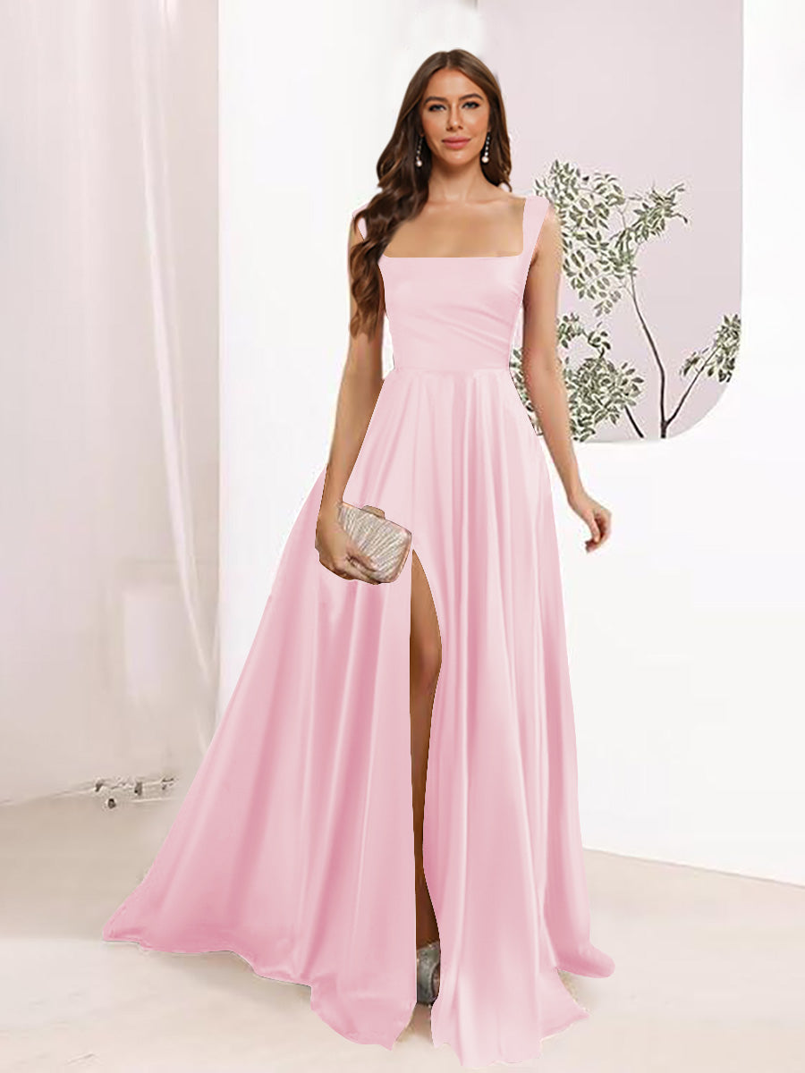 A-Line Square Neck Split Side Floor Length Bridesmaid Dresses