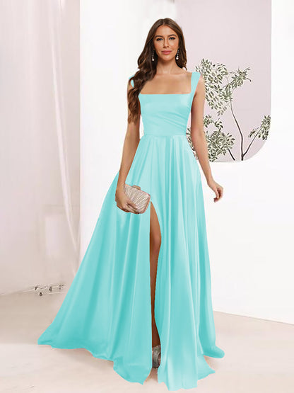 A-Line Square Neck Split Side Floor Length Bridesmaid Dresses