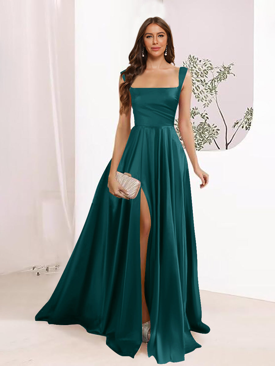 A-Line Square Neck Split Side Floor Length Bridesmaid Dresses