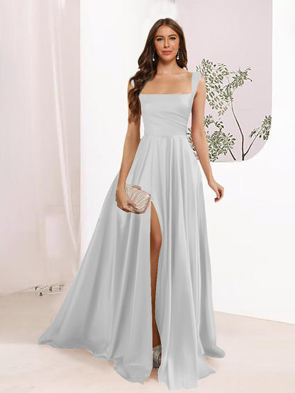 A-Line Square Neck Split Side Floor Length Bridesmaid Dresses