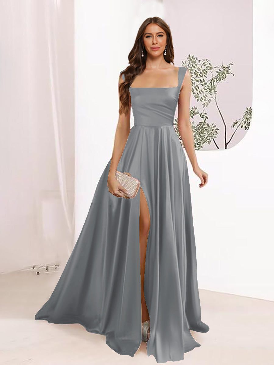 A-Line Square Neck Split Side Floor Length Bridesmaid Dresses