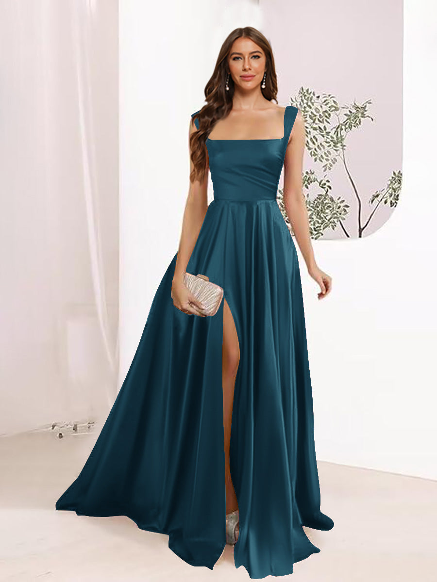 A-Line Square Neck Split Side Floor Length Bridesmaid Dresses