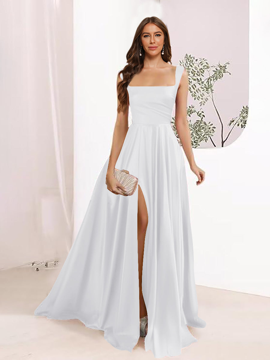 A-Line Square Neck Split Side Floor Length Bridesmaid Dresses