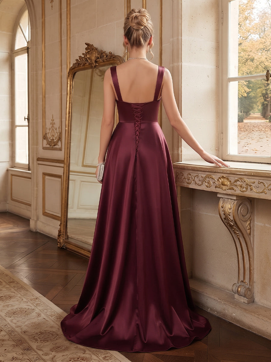 A-Line/Princess Square Neck Sleeveless Satin Sweep Train/Brush Train Formal Dresses with Split Side
