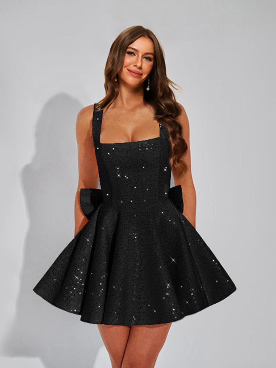 A-Line Square Neck Sequin Short Cocktail Dresses with Bow