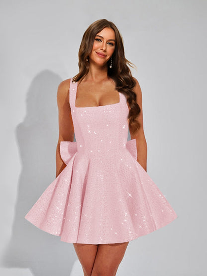 A-Line Square Neck Sequin Short Cocktail Dresses with Bow