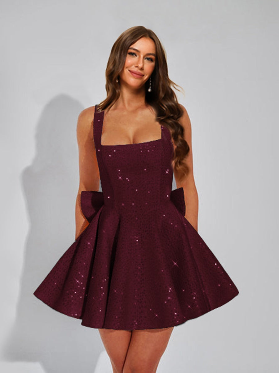 A-Line Square Neck Sequin Short Cocktail Dresses with Bow