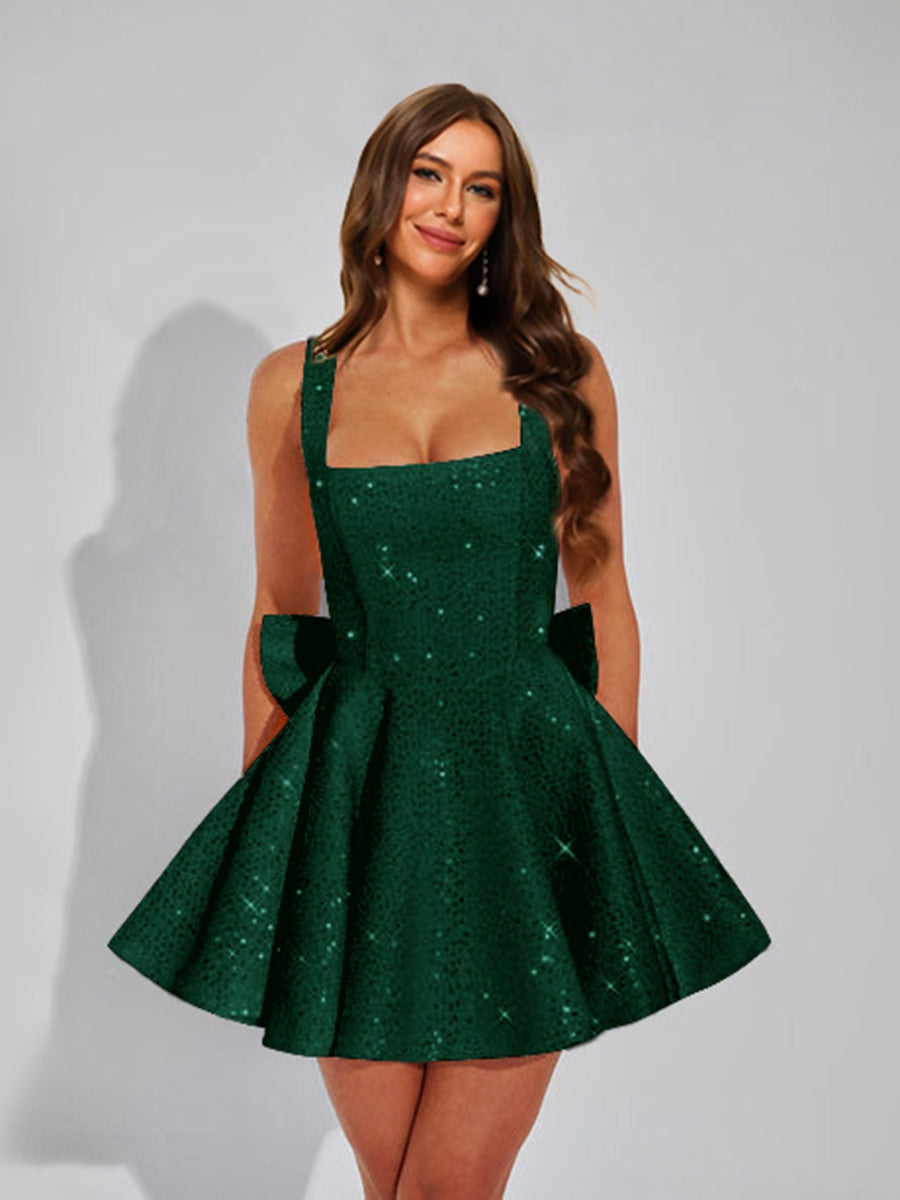 A-Line Square Neck Sequin Short Cocktail Dresses with Bow