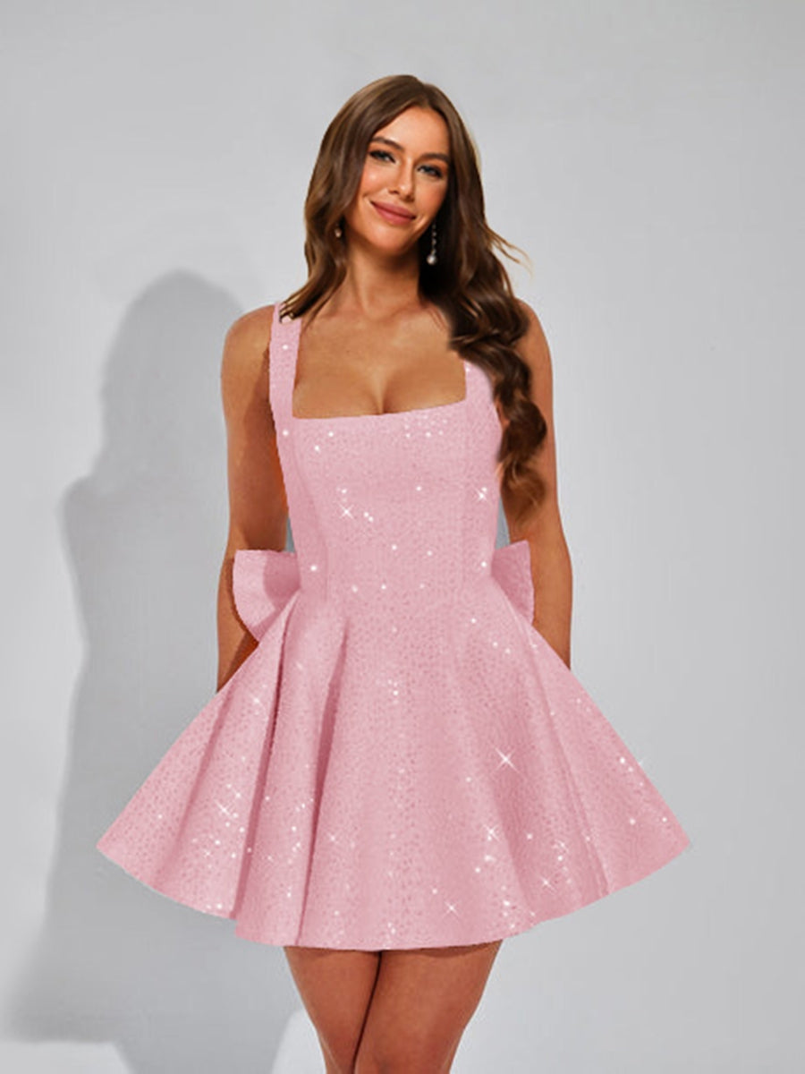 A-Line Square Neck Sequin Short Cocktail Dresses with Bow