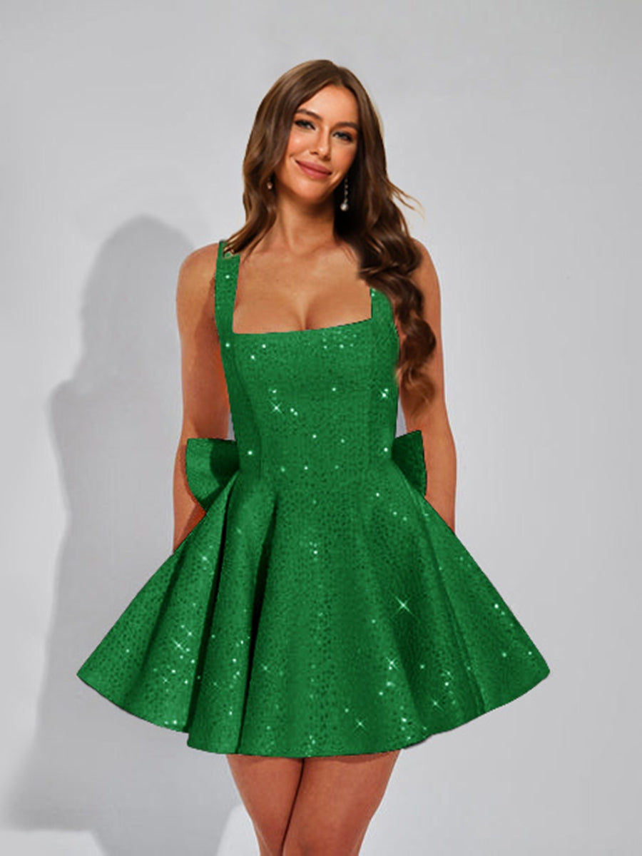 A-Line Square Neck Sequin Short Cocktail Dresses with Bow