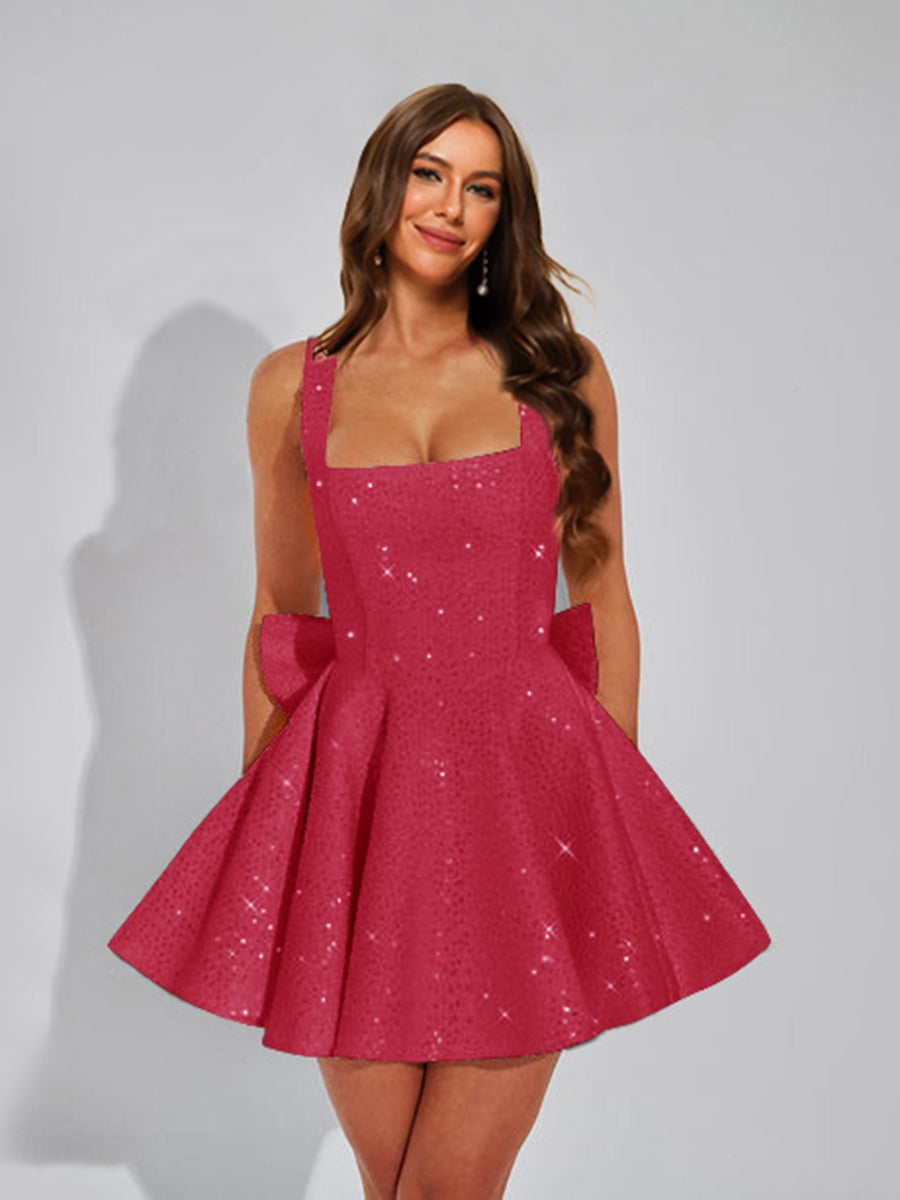 A-Line Square Neck Sequin Short Cocktail Dresses with Bow