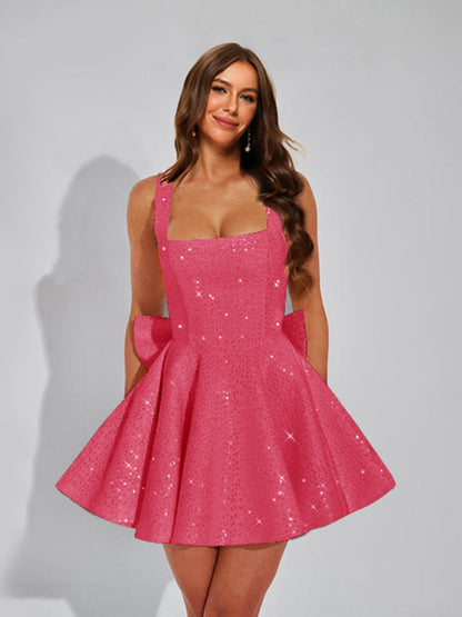 A-Line Square Neck Sequin Short Cocktail Dresses with Bow