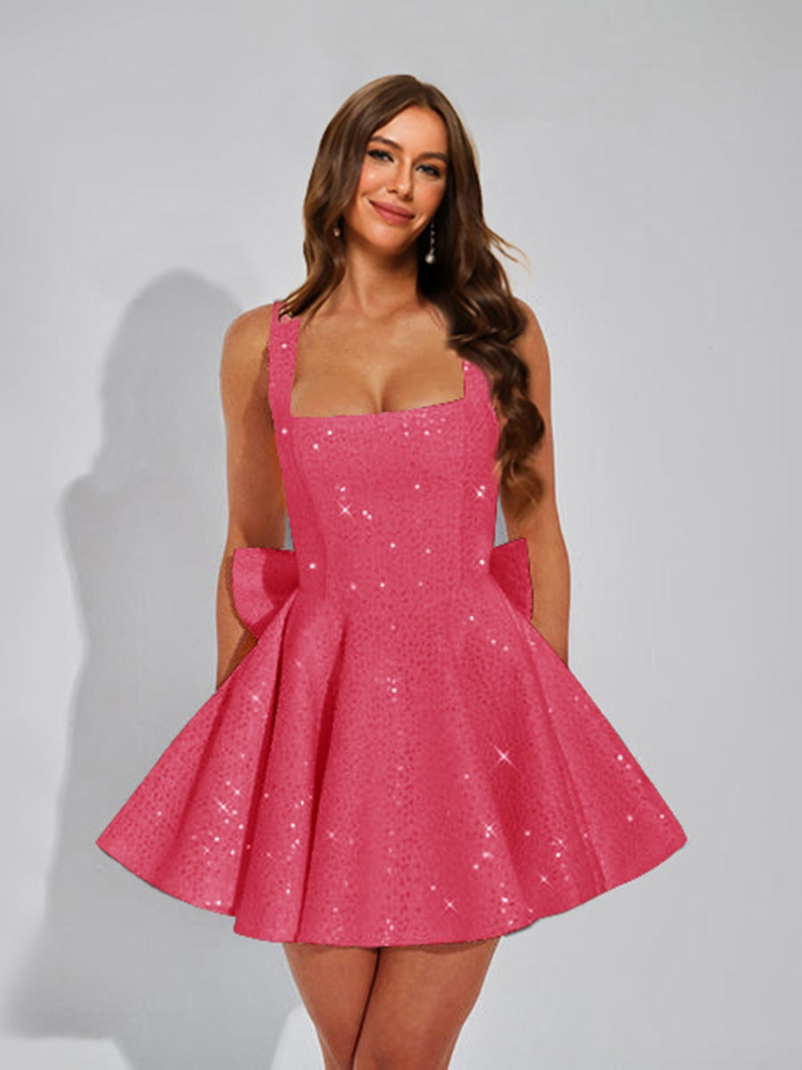 A-Line Square Neck Sequin Short Cocktail Dresses with Bow