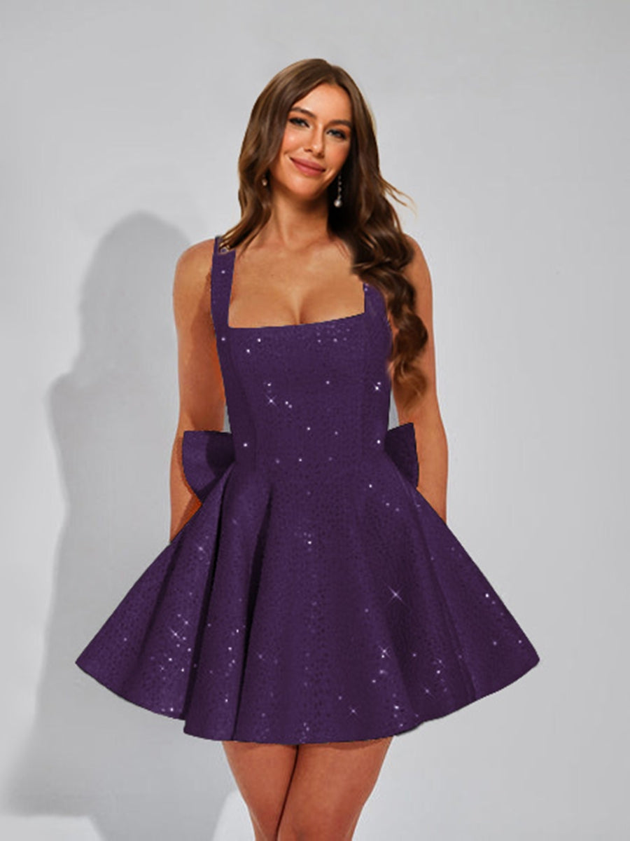 A-Line Square Neck Sequin Short Cocktail Dresses with Bow