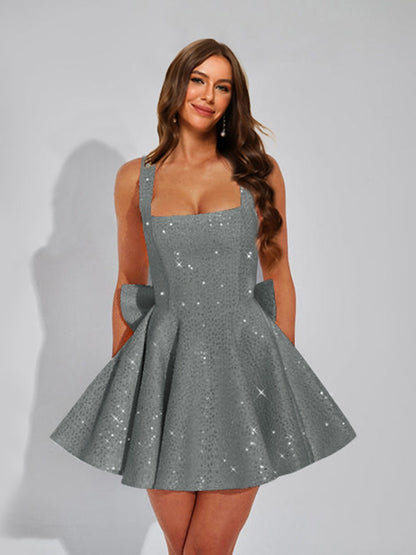 A-Line Square Neck Sequin Short Cocktail Dresses with Bow