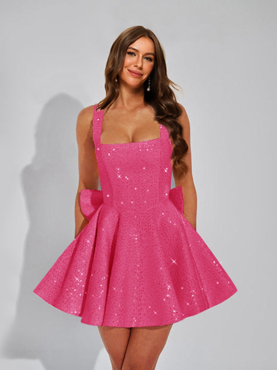 A-Line Square Neck Sequin Short Cocktail Dresses with Bow