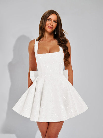 A-Line Square Neck Sequin Short Cocktail Dresses with Bow