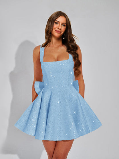 A-Line Square Neck Sequin Short Cocktail Dresses with Bow
