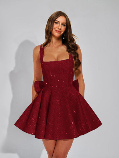 A-Line Square Neck Sequin Short Cocktail Dresses with Bow