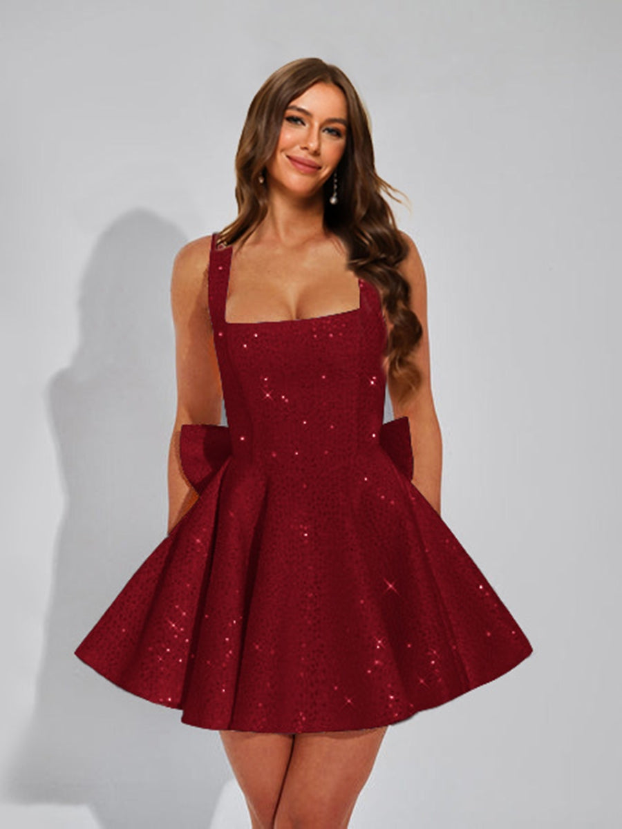 A-Line Square Neck Sequin Short Cocktail Dresses with Bow