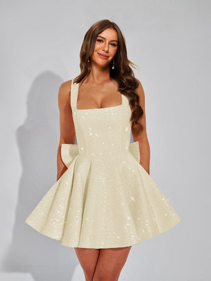 A-Line Square Neck Sequin Short Cocktail Dresses with Bow