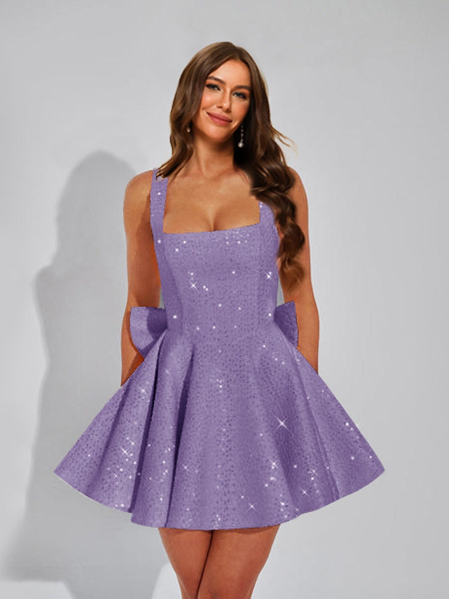 A-Line Square Neck Sequin Short Cocktail Dresses with Bow