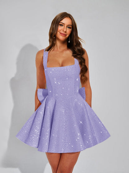 A-Line Square Neck Sequin Short Cocktail Dresses with Bow