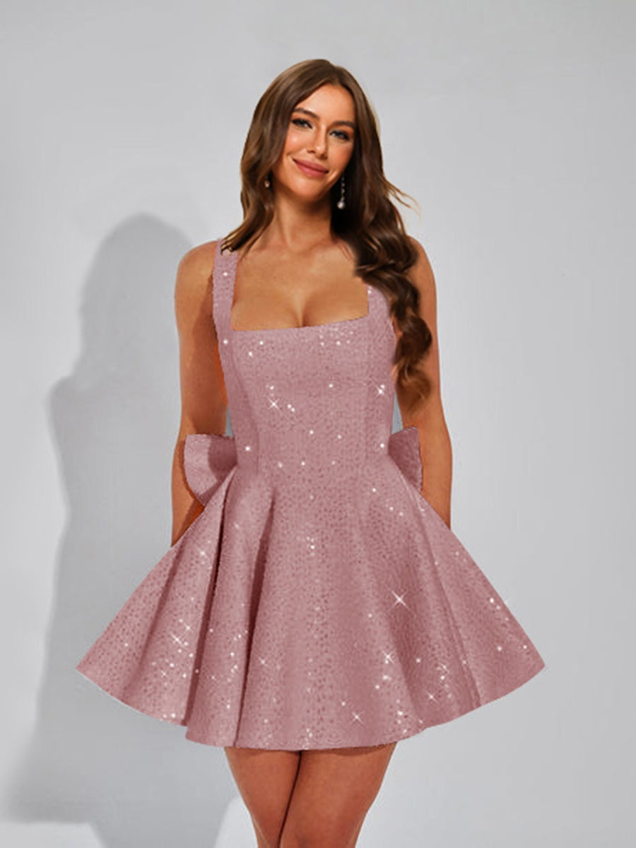 A-Line Square Neck Sequin Short Cocktail Dresses with Bow