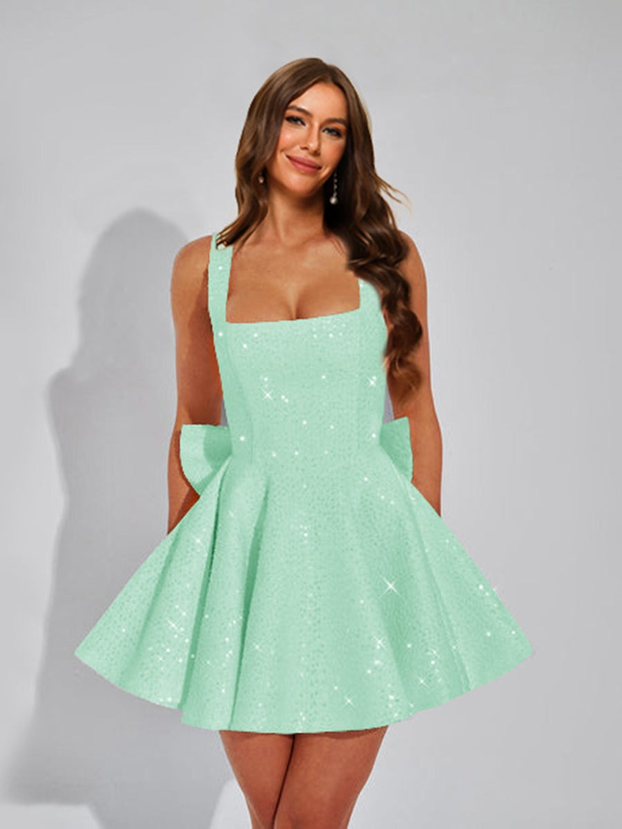A-Line Square Neck Sequin Short Cocktail Dresses with Bow