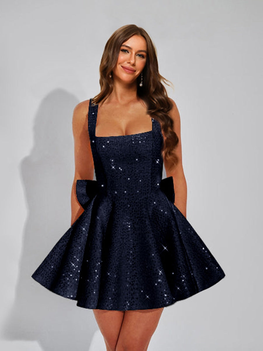 A-Line Square Neck Sequin Short Cocktail Dresses with Bow